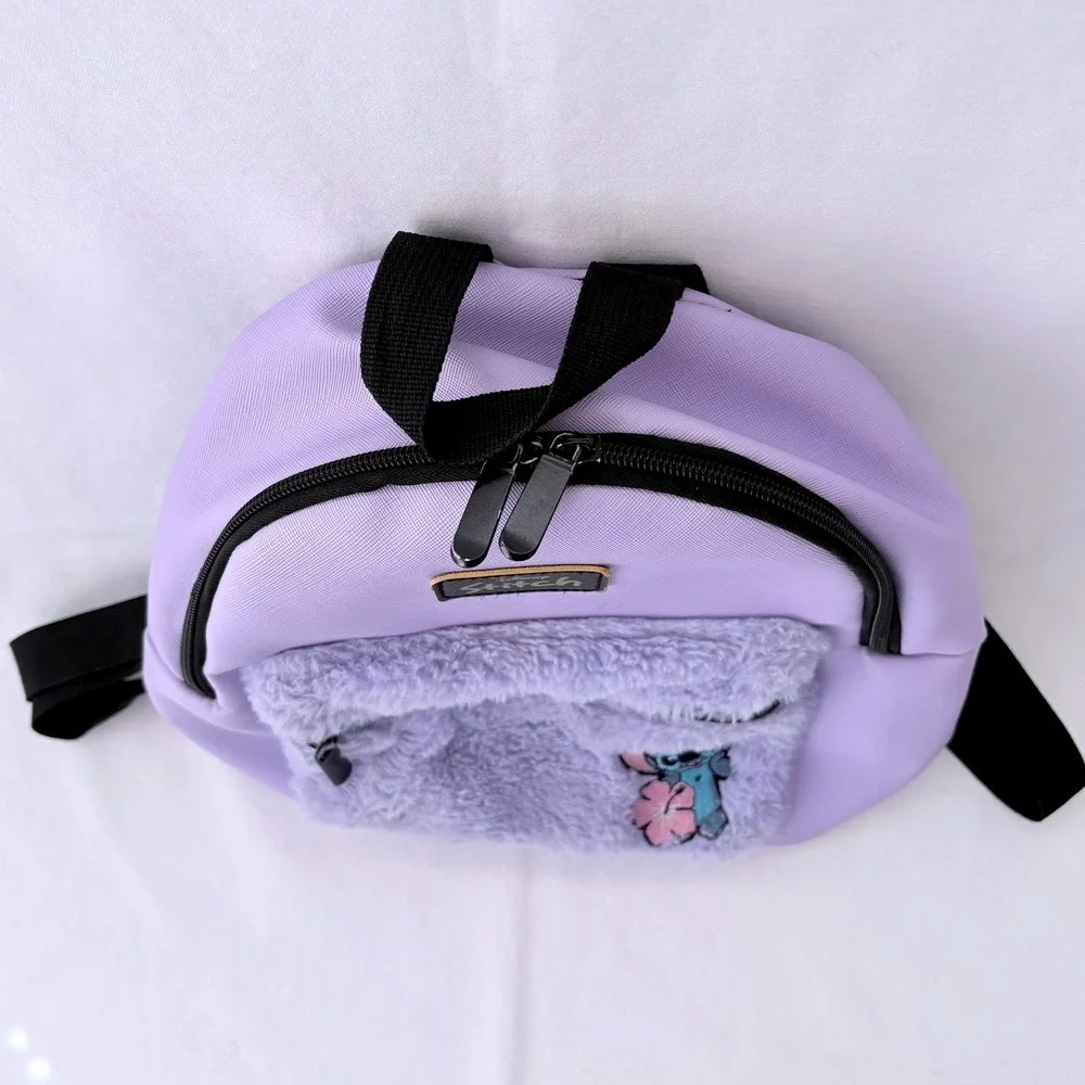Disney Lilo & Stitch Mini Backpack Purple Furry Plush Pocket Embroidered Stitch
